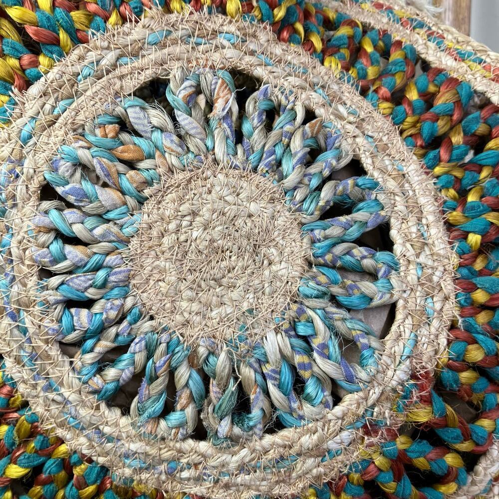 Boho Colorful Recycled Woven Jute Bag Circle Shaped Shoulder Tote Beach Bag - Picture 2 of 16